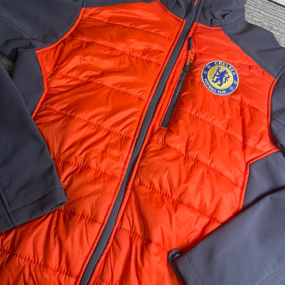 CB Chelsea FC Hybrid Puffer Jacket Mens Soccer Sportswear Large Orange Brown
